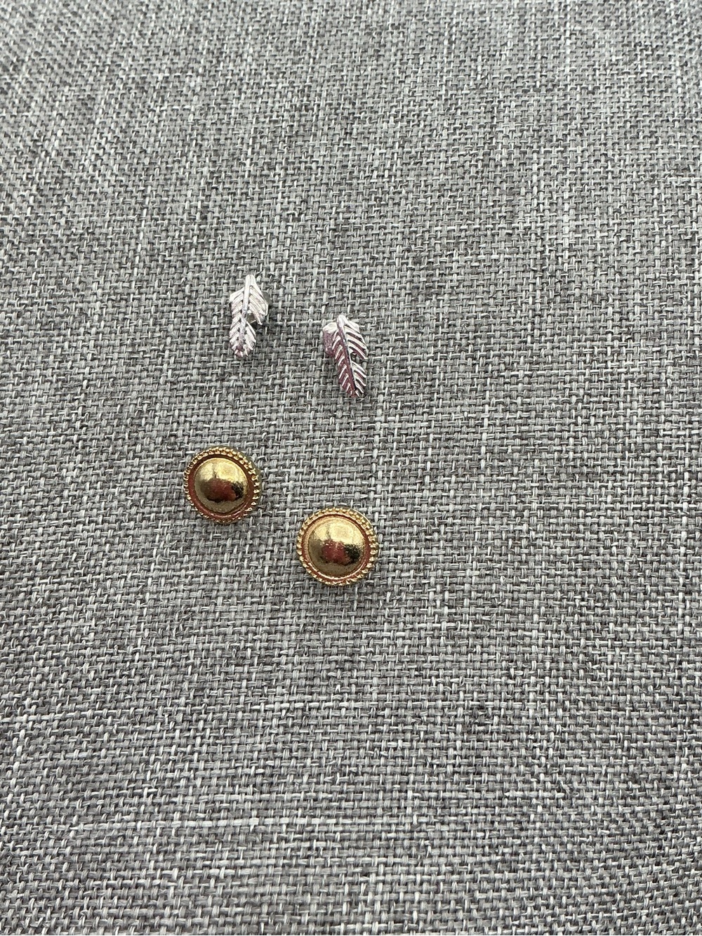 Gold Tone Button and Silver Tone Feather Stud Earring Bundle